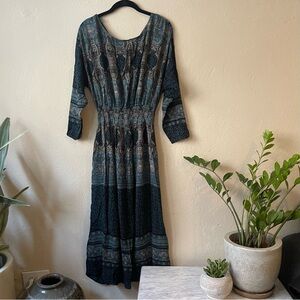 Free People Teal Paisley Long Sleeve Convertible Midi Dress. Size XS.